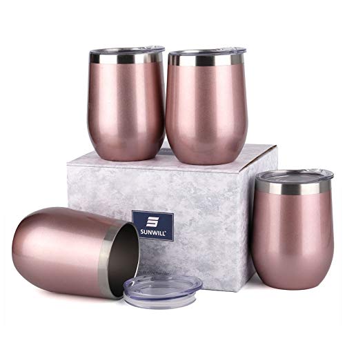 SUNWILL Insulated Wine Tumbler with Lid Rose Gold 4 pack, Double Wall Stainless Steel Stemless Insulated Wine Glass 12oz, Durable Insulated Coffee Mug, for Champaign, Cocktail, Beer, Office