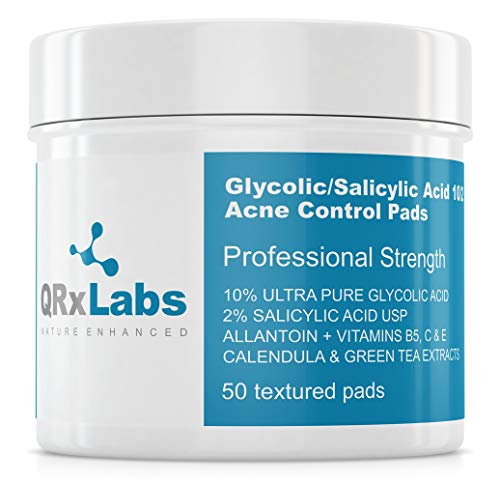 Glycolic/Salicylic Acid 10/2 Acne Control Pads with 10% Ultra Pure Glycolic Acid + 2% Salicylic Acid, Allantoin, Vitamins B5, C & E, Calendula & Green Tea - Most Effective Acne Treatment - Clear Skin