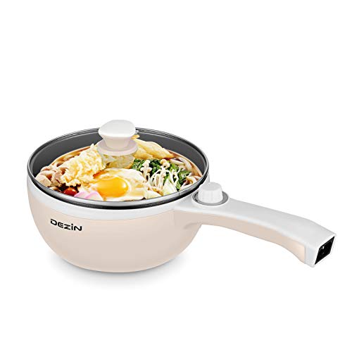 Dezin Electric Hot Pot Upgraded, Non-Stick Sauté Pan, Rapid Noodles Cooker, 1.5L Mini Pot for Steak, Egg, Fried Rice, Ramen, Oatmeal, Soup with Temperature Control, Beige (Egg Rack Included)