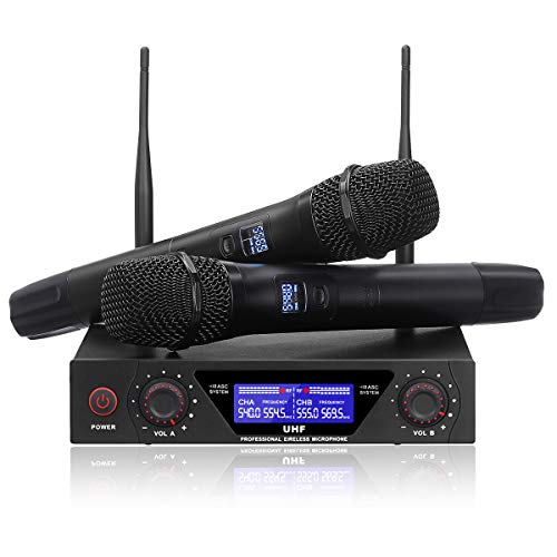 NASUM UHF Dual Channel Professional Handheld Wireless Microphone System with Dual Wireless Dynamic Microphones,LCD Display Professional Home KTV Set for Party,Meeting,Karaoke,YouTube，Classroom Black