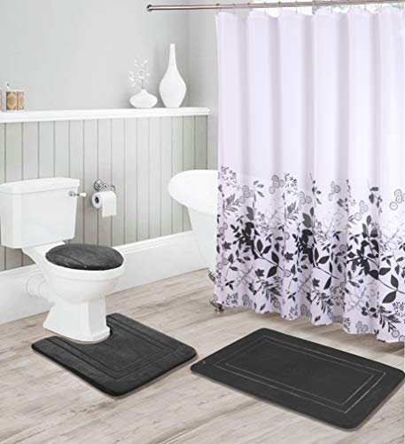 Kids Zone Home Linen Bathroom Collection Black 16pc Bathroom Accessory Set - Non-Slip Bath Mat, Non-Slip Contour Mat, Toilet Lid Cover and Waterproof Shower Curtain with Rustproof Metal Roller Hooks