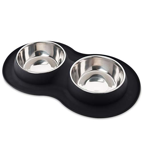Roysili Double Dog Bowl Pet Feeding Station, Stainless Steel Water and Food Bowls with Non Skid Non Spill Silicone Mat, Premium Quality Dog Bowl Holder for Dogs Cats Puppy (Large, Black) 38OZ