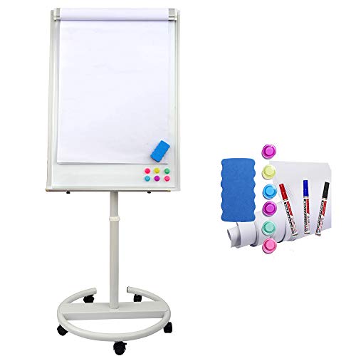 Dexboard Mobile Dry Erase Easel 40 x 28 inch, Rolling Round Stand Whiteboard w/Flipchart Pad, Magnets, Markers & Eraser