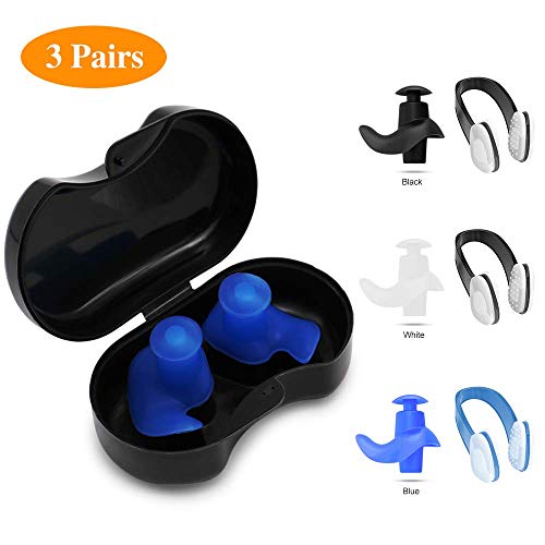 SYOSIN Swimming Ear Plugs Nose Clips, 3 Pairs Professional Waterproof Reusable Silicone Earplugs Nose Clips Nose Protector for Swimming Showering Surfing Snorkeling and Other Adults Water Sports