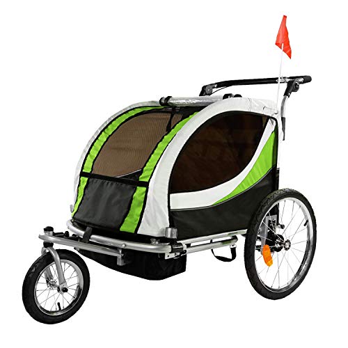 ClevrPlus Deluxe 3-in-1 Double 2 Seat Bicycle Bike Trailer Jogger Stroller for Kids Children | Foldable w/Pivot Front Wheel, Green