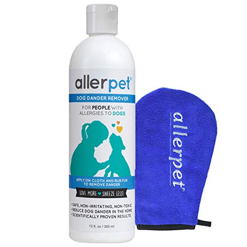 Allerpet Dog Allergy Relief w/Free Applicator Mitt - Best Pet Dander Remover for Allergens - for Canine Dry Skin Treatment - Good for Fur & Skin - (12oz)