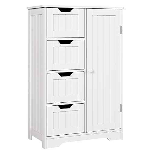 HOMFA Bathroom Floor Cabinet, Wooden Side Storage Organizer Cabinet with 4 Drawer and 1 Cupboard, Freestanding Unit for Better Homes and Gardens Office, White