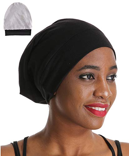 Slap Night Cap Sleep Hat Beanie - Black Women Organic Bamboo Satin Silk Lined Bonnet Summer Scarf Hair Cover for Women Lady Lightweight Light Thin Jersey Chemo Christmas Santa Day Gifts for Women