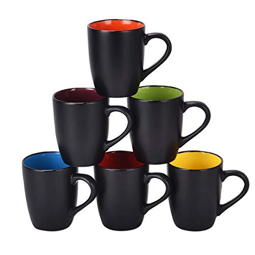 Set of 6 Coffee Mug Sets, 16 Ounce Ceramic Coffee Mugs Restaurant Coffee Mug, Large-sized Black Coffee Mugs Set Perfect for Coffee, Cappuccino, Tea, Cocoa, Cereal, Black outside and Colorful inside