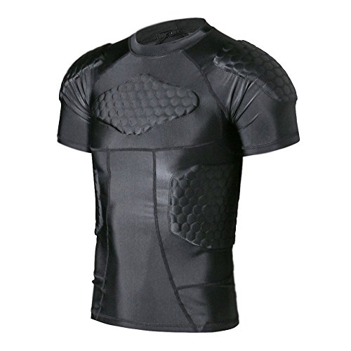 TUOY Men's Padded Compression Shirt Protective T Shirt Rib Chest Protector for Football Paintball Baseball Black