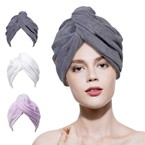 Microfiber Hair Towel Wrap 3 Pack Quick Drying Towels Hair Drying Turban Towel with Button Absorbent Cap for Long & Curly Hair Anti-Frizz (Grey+White+Purple)
