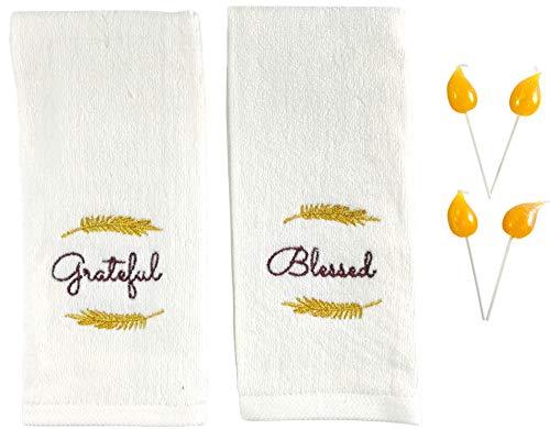 Decorative Fall Thanksgiving Fingertip Towels: Embroidered Grateful and Blessed on Plush Ivory White, 2 Piece Set, 11' x 18' Inch Each (Thankful)