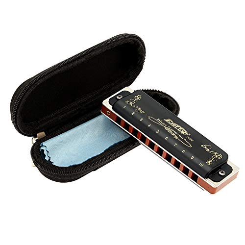 East top Harmonica Key of C 10 Holes 20 Tones 008K Diatonic Blues Harmonica with Black Case, Top Grade Harmonica for Adults, Professional Player, Beginner and Students, As Best Gift