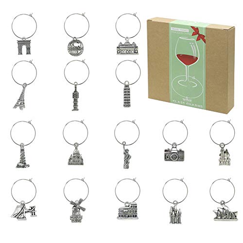 Wine Glass Charms Markers Tags Identification,Wine Charms for Stem Glasses,Wine Bachelorette Tasting Party Favors Decorations,World Travel Themed Set of 16