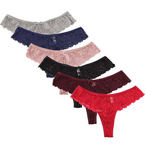 WDX Thongs for Women Sexy Underwear Lace Hollowed-Out Panties Low Waist Cheeky Tangas(6 Pack S)