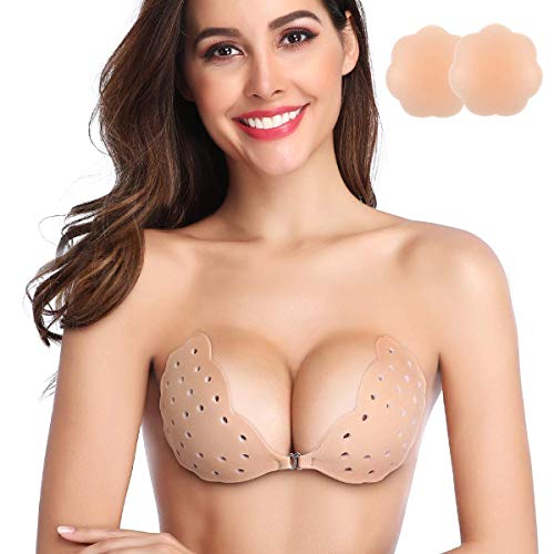 Niidor Sticky Bra, Breathable Strapless Bra Adhesive Push Up Backless Bras for Women（Nude-E）