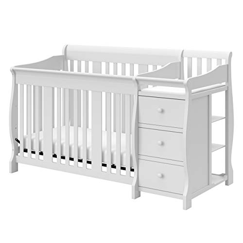 Storkcraft Portofino 4 in 1 Fixed Side Convertible Crib Changer, White, Easily Converts to Toddler Bed Day Bed or Full Bed, Three Position Adjustable Height Mattress (Mattress Not Included)