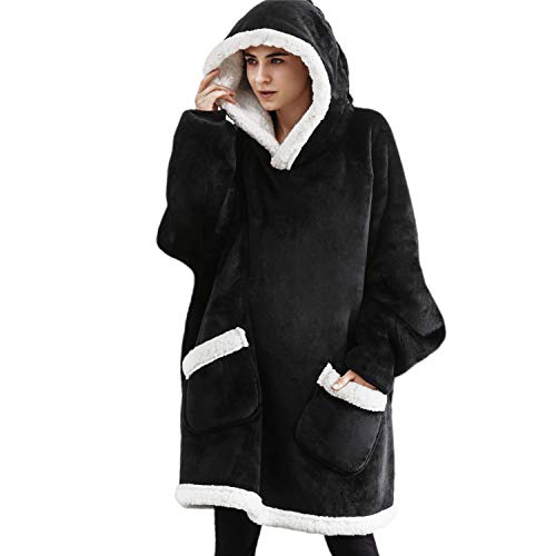 Bedsure Wearable Blanket, Sherpa Blanket Hoodie, Standard Blanket Sweatshirt with Deep Pockets and Sleeves for Adults Kids Teen, Black