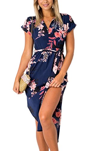 ECOWISH Womens Dresses Summer Casual V-Neck Floral Print Geometric Pattern Belted Dress Blue XXX-Large