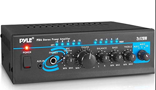 Home Audio Power Amplifier System - 2X120W Mini Dual Channel Mixer Sound Stereo Receiver Box w/ RCA, AUX, Mic Input - For Amplified Speakers, PA, CD Player, Theater, Studio Use - Pyle PTA4