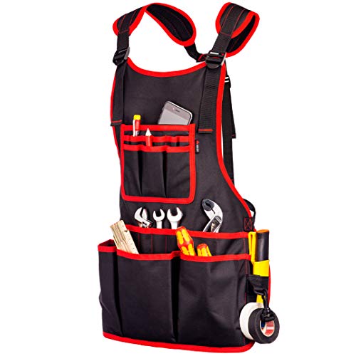 NoCry Heavy Duty Work Apron - 26 Tool Pockets, Tape Measure Holder, D Ring Loop, Black Waterproof Canvas, Adjustable for Men and Women XXS to 4XL