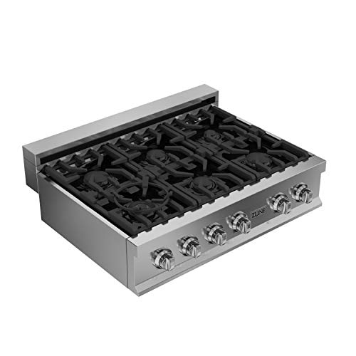 ZLINE RT36 36-Inch Porcelain Rangetop with 6 Gas Cooktop Italian Burners with Cast Iron Grill Stovetop, Stainless Steel