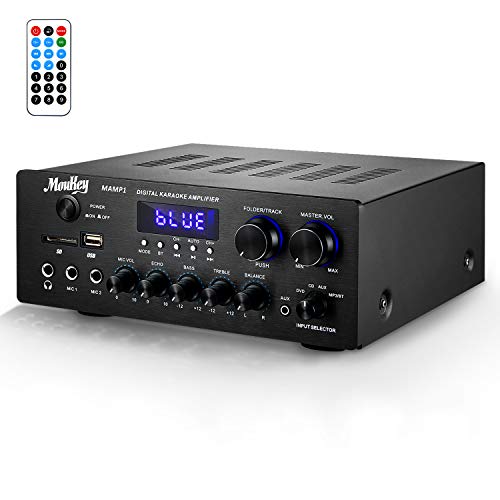 Moukey Bluetooth Power Amplifier System - 220W Dual Channel Sound Audio Stereo Receiver w/USB, SD, AUX, MIC in w/Echo, Radio, LED - for Home Theater Entertainment via RCA, Studio Use - MAMP1