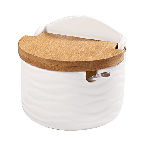 Sugar Bowl, 77L Ceramic Sugar Bowl with Sugar Spoon and Bamboo Lid for Home and Kitchen - Modern Design, White, 8.58 FL OZ (254 ML)