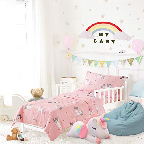 Uozzi Bedding 4 Piece Unicorn Toddler Bedding Set with Rainbow Stars Pink - Includes Adorable Quilted Comforter, Fitted Sheet, Top Sheet, and Pillow Case - Cute Design for Girls Bed