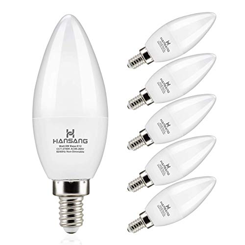 Hansang Candelabra LED Bulbs,60 Watt Equivalent,600LM Warm White 2700K,Type B Light Bulb,E12 Small Base,Decorative Chandelier Light Bulb,Non-Dimmable,Pack of 6