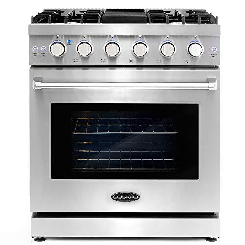 Cosmo COS-EPGR304 30 in. Slide-In Freestanding Gas Range with 5 Italian Burners, Cast Iron Grates and 4.5 cu. ft. Capacity Convection Oven in Stainless Steel