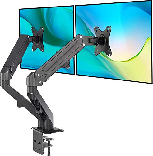 EleTab Dual Arm Monitor Stand - Height Adjustable Gas Spring Monitor Desk Mount with C Clamp Mounting Base for 2 Computer Screens 17 to 27 inches - Each Arm Holds up to 14.3 lbs