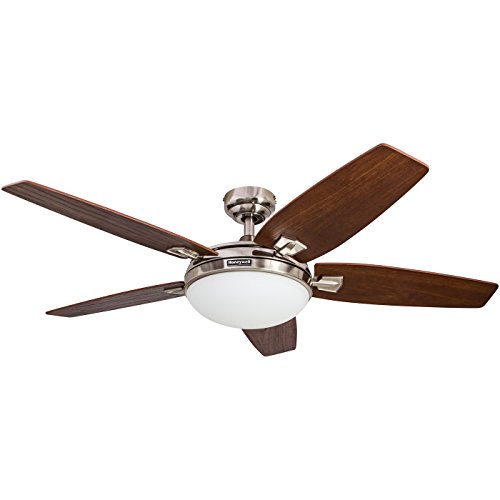 Honeywell Carmel 48-Inch Ceiling Fan with Integrated Light Kit and Remote Control, Five Reversible California Redwood/Mendoza Rosewood Blades, Brushed Nickel