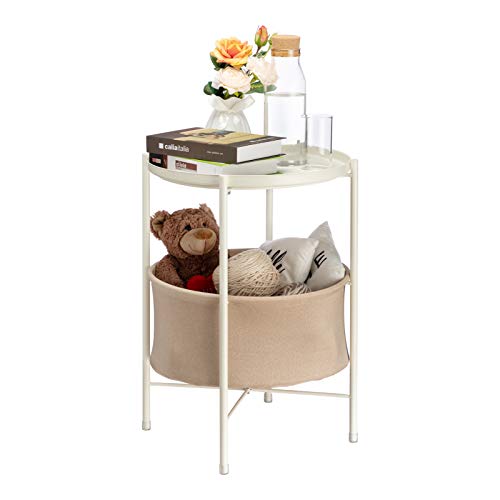 HollyHOME 2-Tier Round Sofa End Table, Accent Metal Basket Table, Anti-Rust Coffee Table, Modern Tray Side Table Nightstand with Fabric Cloth Storage Basket, (D) 16.54' x(H) 23.74', White and Grey