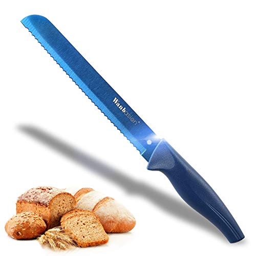 Wanbasion Blue Serrated Bread Knife 8 Inch, Bread Knife Serrated with Sheath, Stainless Steel Bread Knife for Homemade Bread…