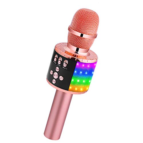 BONAOK Wireless Bluetooth Karaoke Microphone with Controllable LED Lights, Portable Handheld Karaoke Speaker Machine Christmas Birthday Home Party for Android/iPhone/PC or All Smartphone(Q78Rose Gold)