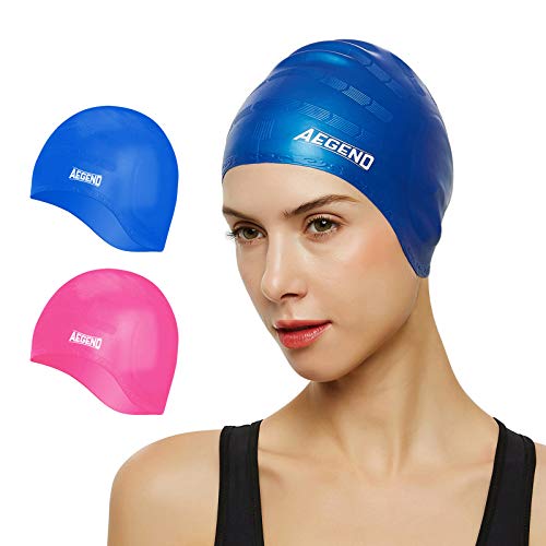 Aegend Unisex Swim Caps Cover Ears (2 Pack), Durable & Flexible Silicone Swimming Caps for Long Hair & Short Hair，Easy to Put On and Off, Blue Pink