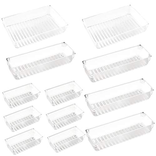 Weiai Drawer Organizer Trays with 3-Size Clear Desk Drawer Dividers 12 Organizers Bins for Makeup Kitchen Office Supplies