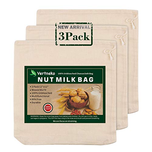 Nut Milk Bag Reusable, 3 Pack 12' x 12' 100% Unbleached Cotton Cheesecloth Bags Strainer for Straining Almond/Soy Milk Greek Yogurt Cold Brew Coffee Tea Beer Juice Cheese Cloth