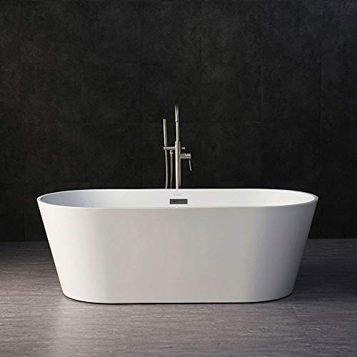 WOODBRIDGE BTA-1513 Acrylic Freestanding Bathtub Contemporary Soaking Tub with Brushed Nickel Overflow and Drain, BTA1513 White, 67' B-0013