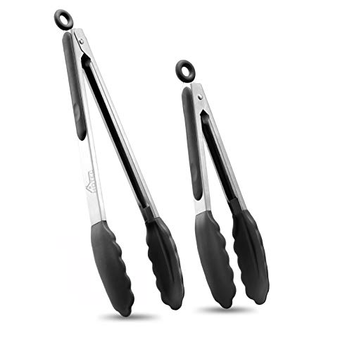 Hotec Premium Stainless Steel Locking Kitchen Tongs with Silicon Tips, Set of 2-9' and 12'