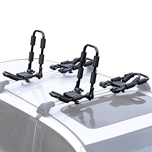 Leader Accessories Folding Kayak Rack 4 PCS/Set J Bar Car Roof Rack for Canoe Surf Board SUP On Roof Top Mount on SUV, Car and Truck Crossbar with 4 pcs Tie Down Straps
