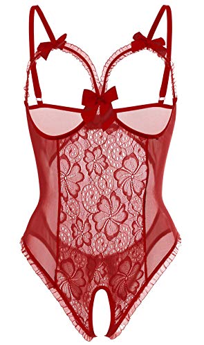 Lingerie for Women One-Piece Teddy Lingerie Sexy Bodysuit Lace Nightie (Wine red, L)