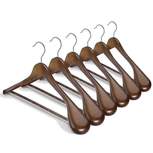 HOUSE DAY Wide Shoulder Wooden Hangers 6 Pack with Non Slip Pants Bar, Smooth Finish 360° Swivel Hook Solid Wood Suit Hangers Coat Hangers for Dress, Jacket, Heavy Clothes (Walnut)