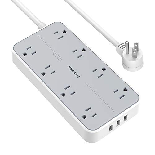 Surge Protector with USB, TESSAN Power Strip Flat Plug with 8 Widely Spaced AC Outlets and 3 Charging Ports, 1875W/15A, 1080 Joules, Wall Mount Extension Cord 6 Ft for Home, Office – Gray