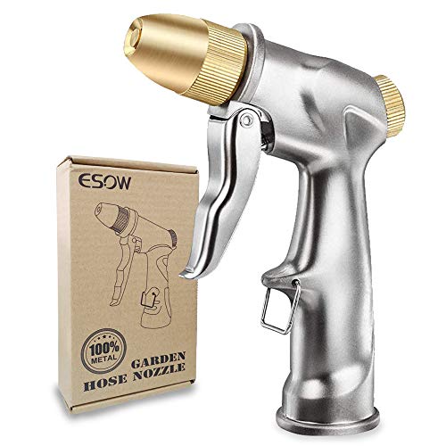 ESOW Garden Hose Nozzle, 100% Heavy Duty Metal Spray Gun with Full Brass Nozzle, 4 Watering Patterns Watering Nozzle- High Pressure Pistol Grip Sprayer for Watering Plants, Car Wash and Showering Dog