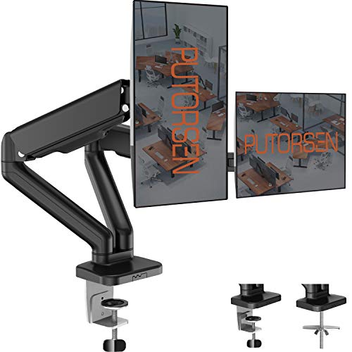 Dual Monitor Stand - PUTORSEN Adjustable Gas Spring Monitor Desk Mount with C Clamp, Grommet Mounting Base - Dual Monitor Arm Fit Two 17 to 27 Inch Computer Screens - Each Arm Holds 4.4 to 14.3lbs