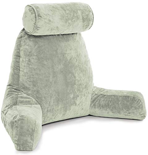 Husband Pillow - Desert Sage, Big Backrest Reading Bed Rest Pillow with Arms, Plush Memory Foam Fill, Remove Neck Roll Off Bungee, Change Covers, Zipper On Shell of Bed Chair for Adjustable Loft