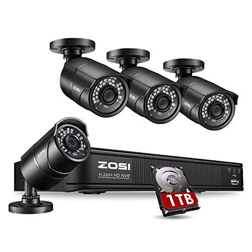 ZOSI 1080p H.265+ PoE Home Security Camera System Outdoor Indoor,8CH 5MP PoE NVR Recorder and (4) 1080p Surveillance Bullet IP Cameras with 120ft Long Night Vision ( 1TB Hard Drive Built-in)
