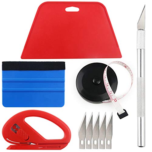 Wallpaper Smoothing Tool Kit Include black tape measure,red squeegee,medium-hardness squeegee,snitty vinyl cutter and craft knife with 5 Replacement blades for Adhesive Paper Application Window